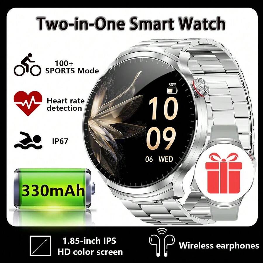 2 En 1 Reloj Inteligente Rastreador Brújula Auriculares Incorporados Llamada Bluetooth Reloj Inteligente Monitor De Salud Fitnes - Fleje de acero plateado - Ver 1