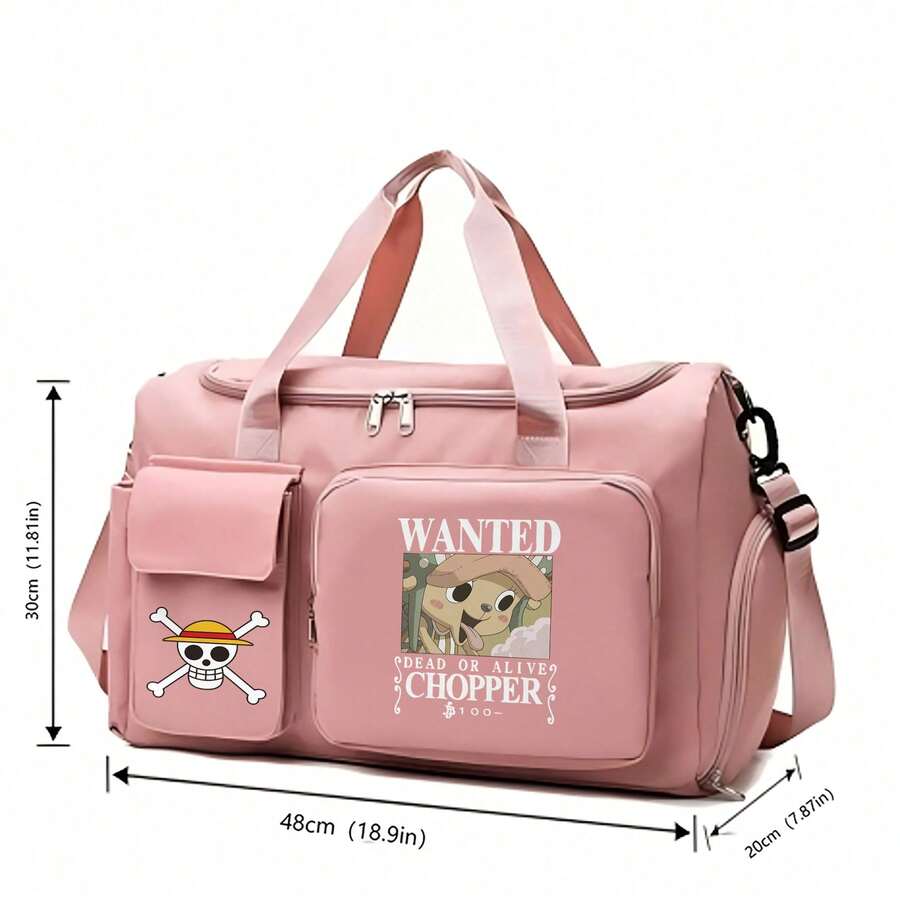 Miniso Túi thể thao đa năng One Piece - Hình in Tony Tony Chopper "Wanted" với mũ rơm và biểu tượng hải tặc Jolly Roger, màu hồng, thích hợp cho các chuyến đi qua đêm hoặc tập luyện. - Hồng - Xem 1