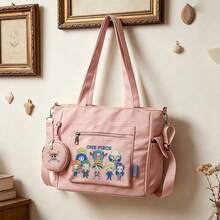 Miniso One Piece Chibi Straw Hat Crew Print Pink Casual Multi-Functional Large Capacity Tote Bag 2 Pieces Set With Detachable Coin Purse, Multi-Way Carry, Ideal For Work, Travel, Shopping And Everyday Use - Pink - View 3