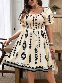 EMERY Vestido con cuello cuadrado, mangas abullonadas, decorado con botones y volantes en el bajo, en colores marrón y rojo con estampado de rosas, para vacaciones, en talla - Multicolor 5 - Ver 4