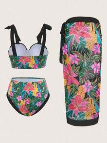 Swim Vcay Traje de baño de 3 piezas para mujer con estampado de plantas tropicales sexy, incluye pareo y falda, adecuado para vacaciones en la playa en verano - Multicolor 2 - Ver 9