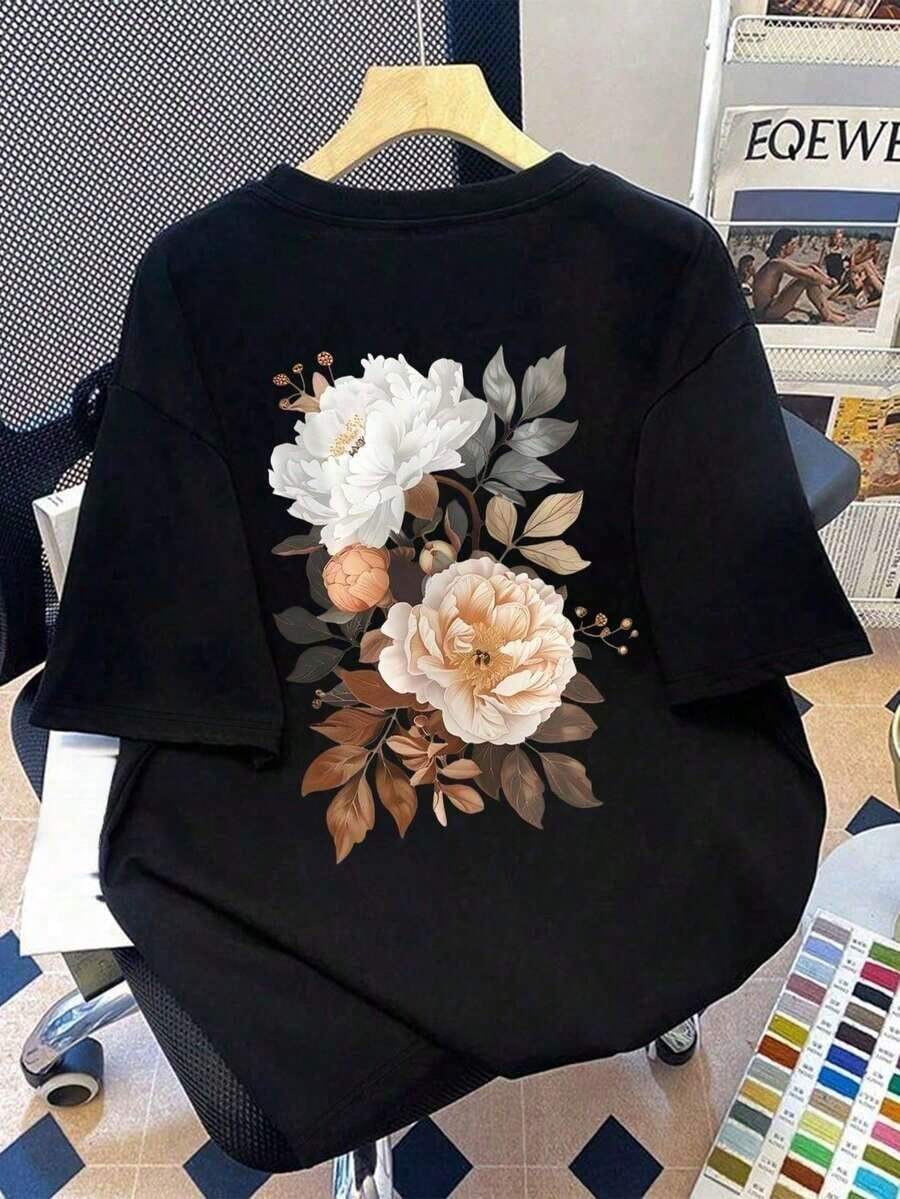 Plus Size Women's T-Shirt With A Tiny Floral Print And Round Neck, Suitable For Summer Vacations, New Year's, Valentine's Day, Mother's Day, And Other Occasions. Casual Summer Blouse. Suitable For Summer Vacations, The Beach, Resort Wear, Spring Outfits, And Summer Wear For Women. - 黑色 - 查看 1