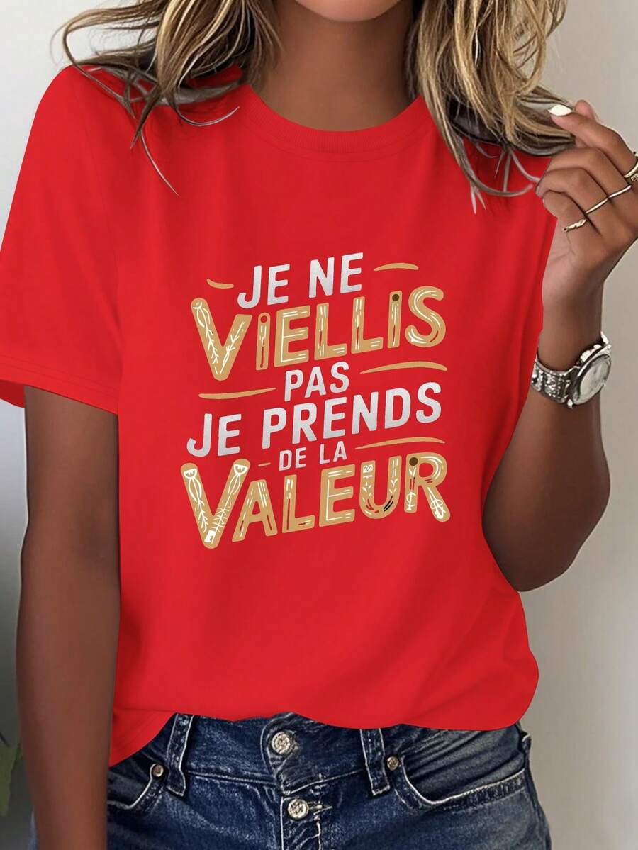 Women's Vintage Style T-Shirt With French Text, Comfortable Fit - [紅色的] - 查看 1