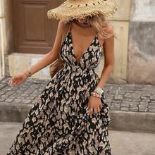 Vestido sin mangas de cuello en V con estampado total para vacaciones de verano de mujer - Negro01 - Ver 7