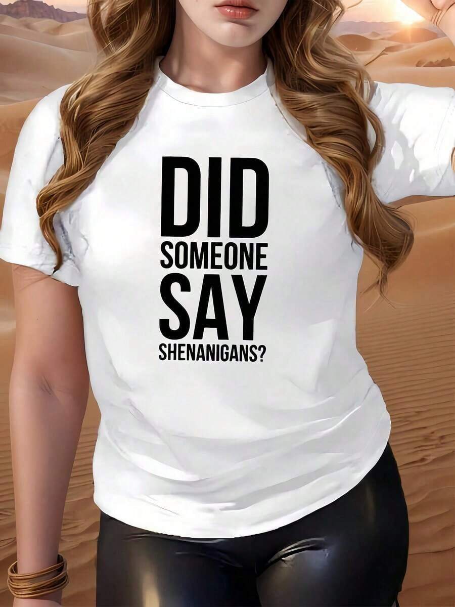 Camiseta blanca para mujer con estampado "¿Alguien dijo travesuras?", cuello redondo, tejido de punto de algodón casual, elasticidad media, corte holgado, adecuada para que las mujeres la usen en primavera/verano/otoño. - Blanco - Ver 1