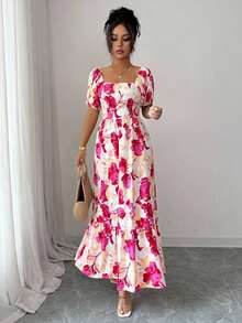 Women's Dress With Petal Sleeve Design, Square Neck And Fitted Waist With Print - 彩色 - 查看 3