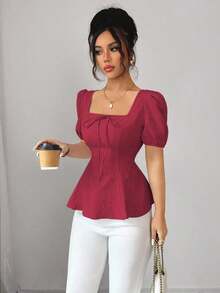 New High-End Women's Blouse, Versatile, With French Bow, Puff Sleeve, Made Of Elegant And Unique Jacquard Fabric - 波爾多 - 查看 1