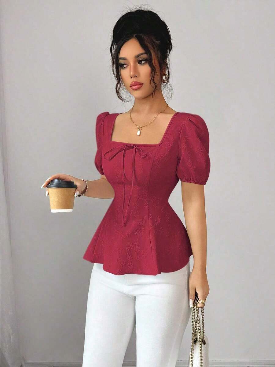 New High-End Women's Blouse, Versatile, With French Bow, Puff Sleeve, Made Of Elegant And Unique Jacquard Fabric - 波爾多 - 查看 1