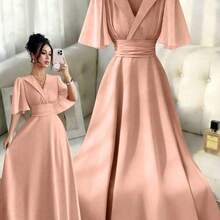 Nuevo vestido casual, versátil y elegante para mujer con cuello, cintura plisada, diseño de manga con volantes y parches de gasa - Celeste - Ver 4