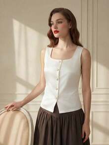 Top casual de tirantes con cuello cuadrado acanalado y abotonado, minimalista para el día a día - Blanco 2 - Ver 3