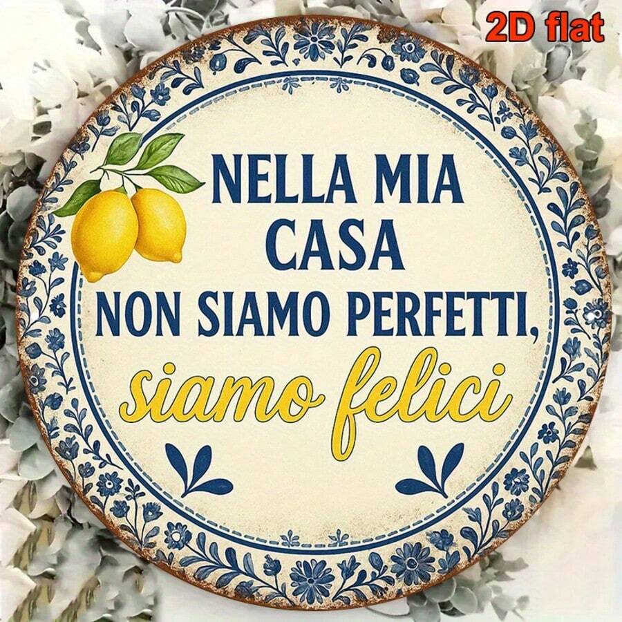 2D Flat Iron Wall Decor With Italian Home Quotes - Vintage Italian Kitchen, Dining Room, Living Room, Bedroom, Study - Lemon Theme With Italian Text - 8.0X8.0 Inch Round, Room Decor, Kitchen Decor, Retro Design, Pre-Drilled Holes, Style As Shown In Size Chart - Multicolor - View 1