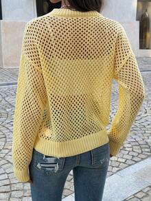 Vive para el verano Cárdigan de punto hueco amarillo, elegante y casual de manga larga para mujer, adecuado para la playa, vacaciones y uso diario - Amarillo - Ver 2