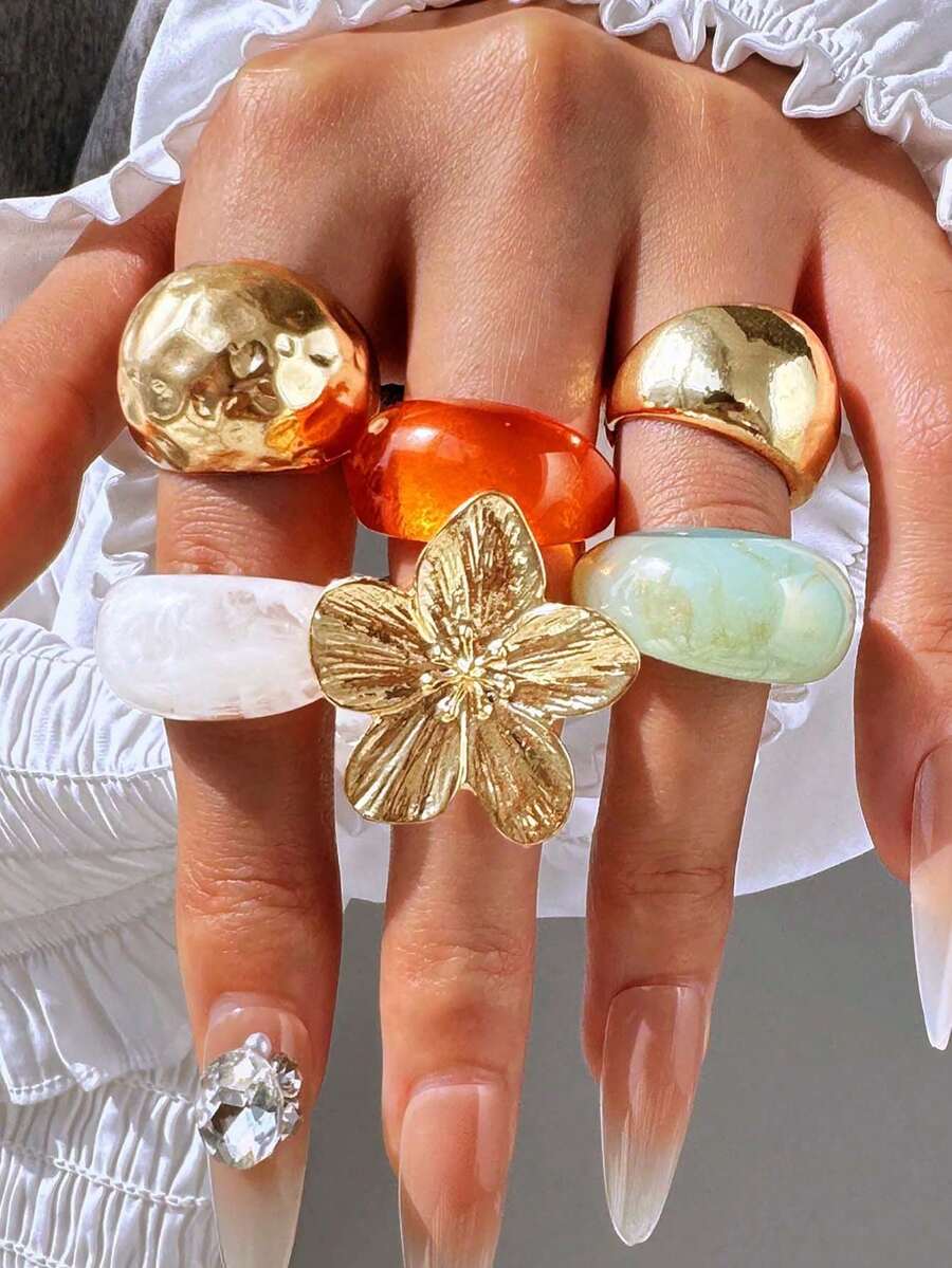 6pcs/Set Vintage Luxury Multi-Functional Exquisite Elegant Unique Geometric Resin Extra Large Flower Ring Set, Hibiscus Rings, Women's Thick Metal Gold Cocktail Rings, Suitable For Daily And Party Decoration, Gift Jewelry Set - Multicolor - View 1