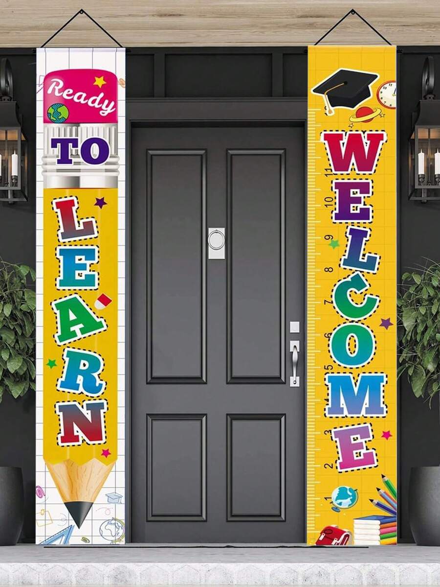 2pcs Back To School Decoration Party Banner Set, Welcome Back To School, Prepare To Learn, Porch Sign Set, Back To School Decor, Window & Door Decor, Birthday Party Decoration - Multicolor - View 1