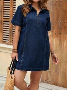 URVE Ropa de verano y otoño talla, ropa de otoño, ropa de regreso a la escuela, ropa de homecoming, estilo lindo de los 2000, atuendos de maestra para mujeres, atuendo de aeropuerto para mujeres, vestido modesto de estilo old money Tulum para mujeres con media cremallera y cuello suelto en color azul para el verano, vestidos de cumpleaños para mujeres, vestidos elegantes para mujeres para vacaciones, vestido modesto de estilo old money - Azul - Ver 4