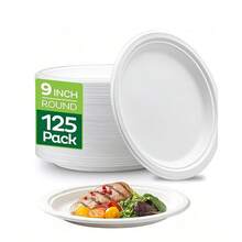 125/25/10 chiếc Khay giấy dùng một lần 100% phân hủy sinh học, đường kính 9 inch, Khay giấy, Khay giấy trắng dùng một lần chịu lực cao, đường kính 9 inch, làm từ sợi mía, Khay giấy không tráng phủ - Nhiều màu - Xem 5