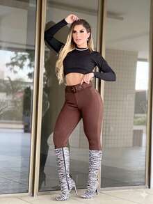 Shaping Ribbed Leggings With Belt - 鏽棕色 - 查看 1