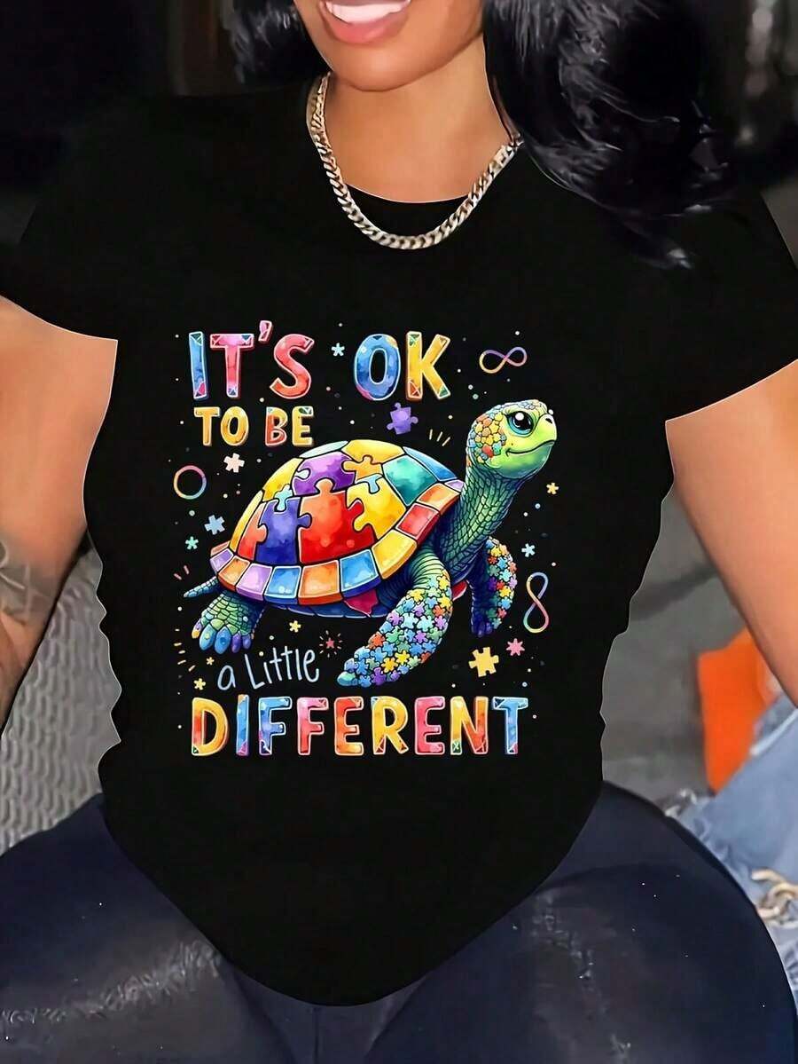 Autism Awareness T-Shirt With A Slightly Different Turtle Design, "It's OK To Be Autistic", Comfortable For Outdoor Wear, Casual Summer Top, Crew Neck T-Shirt, Men's Summer Clothing, Slightly Stretchy, 100% Cotton, Sizes S-XXXL-1, Women's Shirts, Women's Blouses, Pretty Blouses For Women. - 黑色 - 查看 1