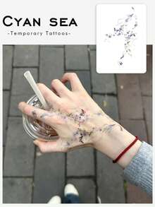 1张临时纹身贴纸，浅紫色水彩花卉蝴蝶图案，竖版设计，空灵清新，可水洗PVC材质，一次性使用，防水防汗，适用于手臂、腰部、腹部、背部和腿部，不反光，逼真纹身效果，适合日常使用，可持续3-5天。 - 彩色 - 查看 1