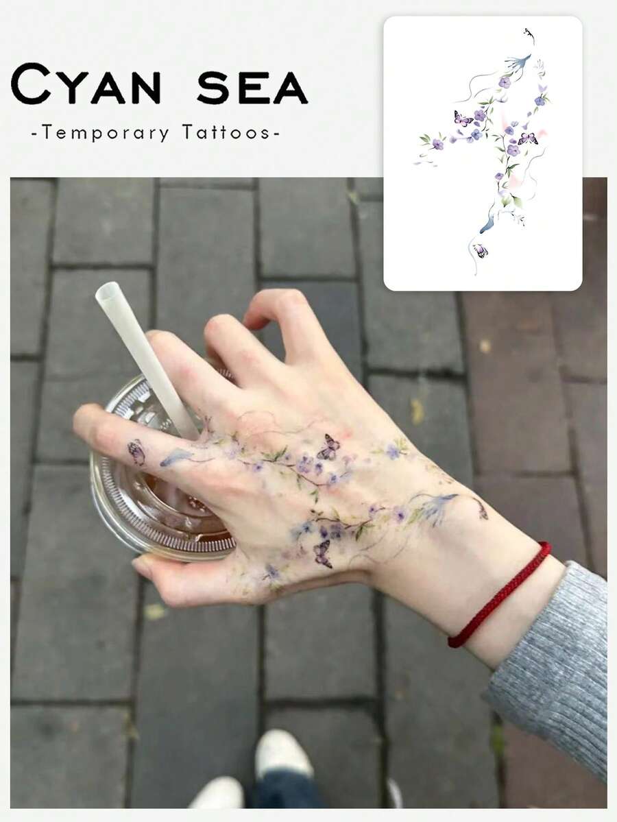 1张临时纹身贴纸,浅紫色水彩花卉蝴蝶图案,竖版设计,空灵清新,可水洗PVC材质,一次性使用,防水防汗,适用于手臂、腰部、腹部、背部和腿部,不反光,逼真纹身效果,适合日常使用,可持续3-5天。 - 彩色 - 查看 1