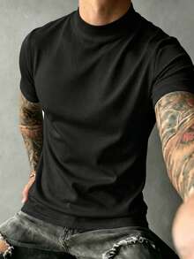Men's Casual Fashionable Versatile Minimalist Half-Turtleneck Short Sleeve T-Shirt, Breathable Knit Fabric, Suitable For Daily Wear - Black - View 3