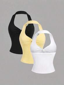 Camisola de cuello de halter retorcida, plisada de gasa, con estilo Y2K, versátil y minimalista - Multicolor 2 - Ver 2