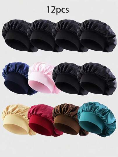 Bộ 12 chiếc mũ trùm tóc bằng satin bản rộng nhiều màu sắc, được làm từ chất liệu satin mềm mại và vải cotton co giãn, kiểu dáng tối giản và đa năng với màu trơn và băng đô co giãn, chống xù và thoáng khí; lý tưởng cho giấc ngủ, spa và tháng Ramadan, hơn 10 màu sắc để lựa chọn.
