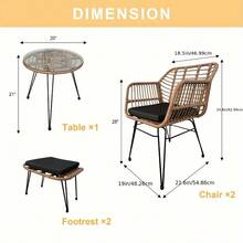 5pcs Rattan Patio Furniture Set With Glass Table Modern Garden Bistro Set With Cushions, Lounge Chairs And Ottomans For Balcony, Backyard, Outdoor Tea Time, Black Cushion, Rust-Resistant Frame - Grey - View 5
