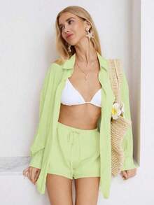 Conjunto de 2 piezas de camisa holgada de botones de mezcla de lino y pantalones cortos de talle bajo para mujer, para primavera/verano - Verde - Ver 5
