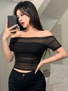 Women's One-Shoulder Sheer Stretch Mesh Blouse, Spring/Summer Off-The-Shoulder Style - 軍綠色 - 查看 5