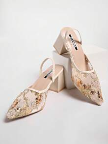 New Chinese Style White High Heel Mules, Pointed Toe Lace Embroidery Convertible Sandals For Women - Gold - View 6