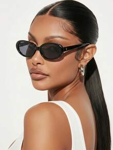 1 Pair Oval Women's Fashion Eyeglasses, New Y2K Small Frame Design - Black - View 1