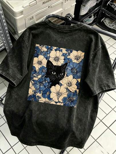 花卉猫咪印花水洗T恤，可爱猫咪与花朵图案，复古宽松短袖T恤，猫咪爱好者休闲夏季上衣，黑色