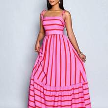 Vestido largo de estilo fluido y con rayas, con tirantes y detalles de recogido en el pecho, adecuado para vacaciones, playa, viajes y uso casual, elegante vestido (Floral aleatorio) - Rosa - Ver 4