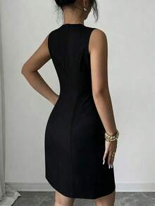 Vestido mini elegante de mujer de unicolor con cuello redondo, plisado, bajo con abertura, botones de metal con forma de sol, estrella de mar y concha, sin mangas, para uso casual al aire libre, de vacaciones, adecuado para fiestas, citas, trabajo, negocios. Vestido sin mangas de unicolor para uso diario. Vestido plisado sin mangas con botones de metal para el verano, adecuado para todas las estaciones, temporada de graduación, regreso a clases, Día del Maestro. - Albaricoque - Ver 9