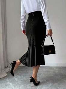 Falda lápiz plisada elegante y ajustada para mujer - Negro - Ver 3