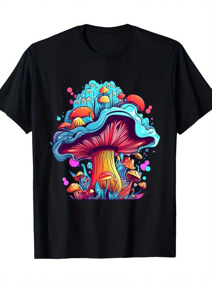 Camiseta Estética para Hombres Amantes de los Hongos, 220g, Uso Diario, Cuello Redondo, Estilo Hombros Caídos - Versátil, Tallas Grandes - Negro - Ver 1