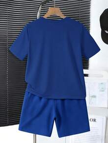 2pcs/Set Teen Boys Outfit, Crew Neck Short Sleeve T-Shirt With Casual Letter Print Minimalist Shorts, New Comfortable Summer Set - Blue - View 2