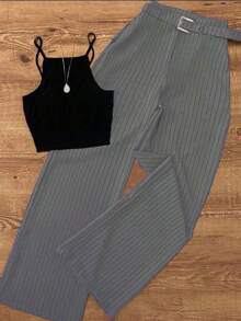 Conjunto elegante de top sin mangas casual/de oficina/de jardín con cinturilla a rayas y pantalones a rayas para mujer, para primavera/verano - Gris y negro - Ver 6