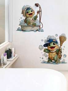 2pcs Cute Turtle Bathroom Wall Stickers - 2D Flat Decals, Bathing Turtle Effect, Interesting Design, Removable PVC Self-Adhesive Decorative Stickers For Living Room, Bedroom, Dining Room, Kitchen, Toilet, Tile, Artistic Home Decor - D - View 1