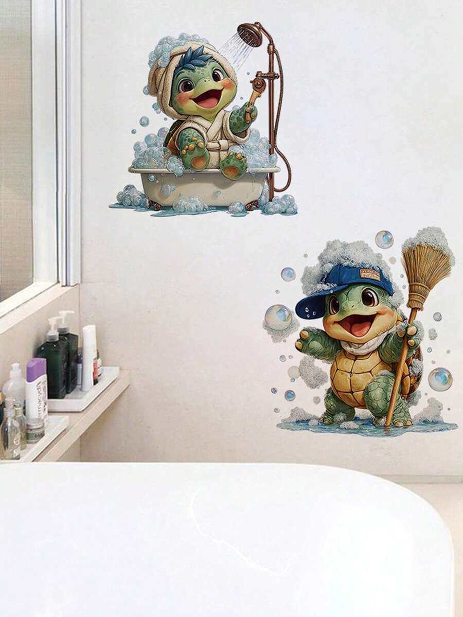 2pcs Cute Turtle Bathroom Wall Stickers - 2D Flat Decals, Bathing Turtle Effect, Interesting Design, Removable PVC Self-Adhesive Decorative Stickers For Living Room, Bedroom, Dining Room, Kitchen, Toilet, Tile, Artistic Home Decor - D - View 1