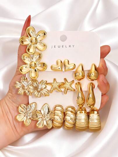 1 Set Gold-Plated Flower, Star, Heart & Teardrop Earrings Set, Minimalist Exaggerated Earrings, Fashion Accessories For Women