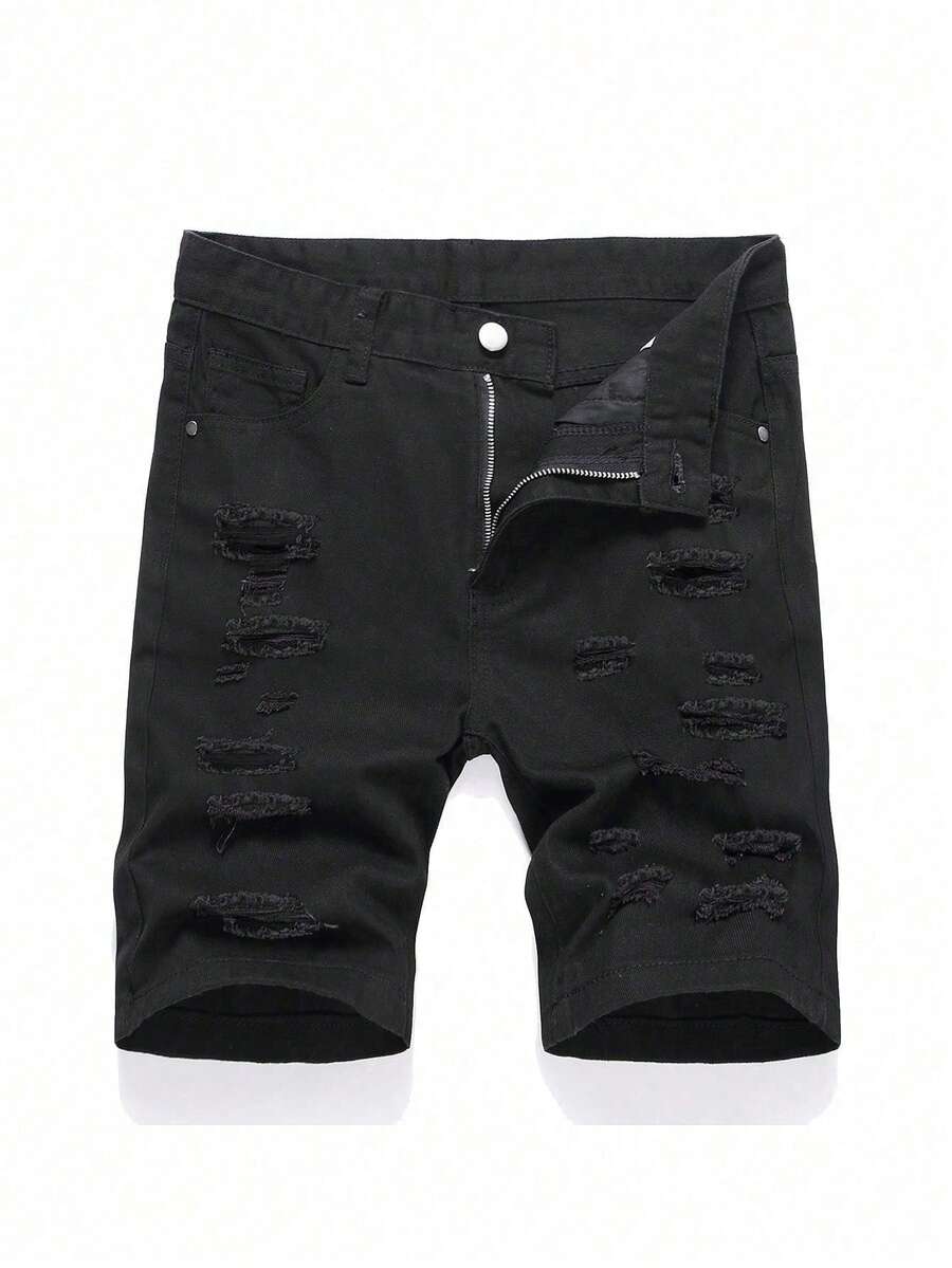 Pantalones cortos de mezclilla desgastados lisos para niño preadolescente - Negro - Ver 1