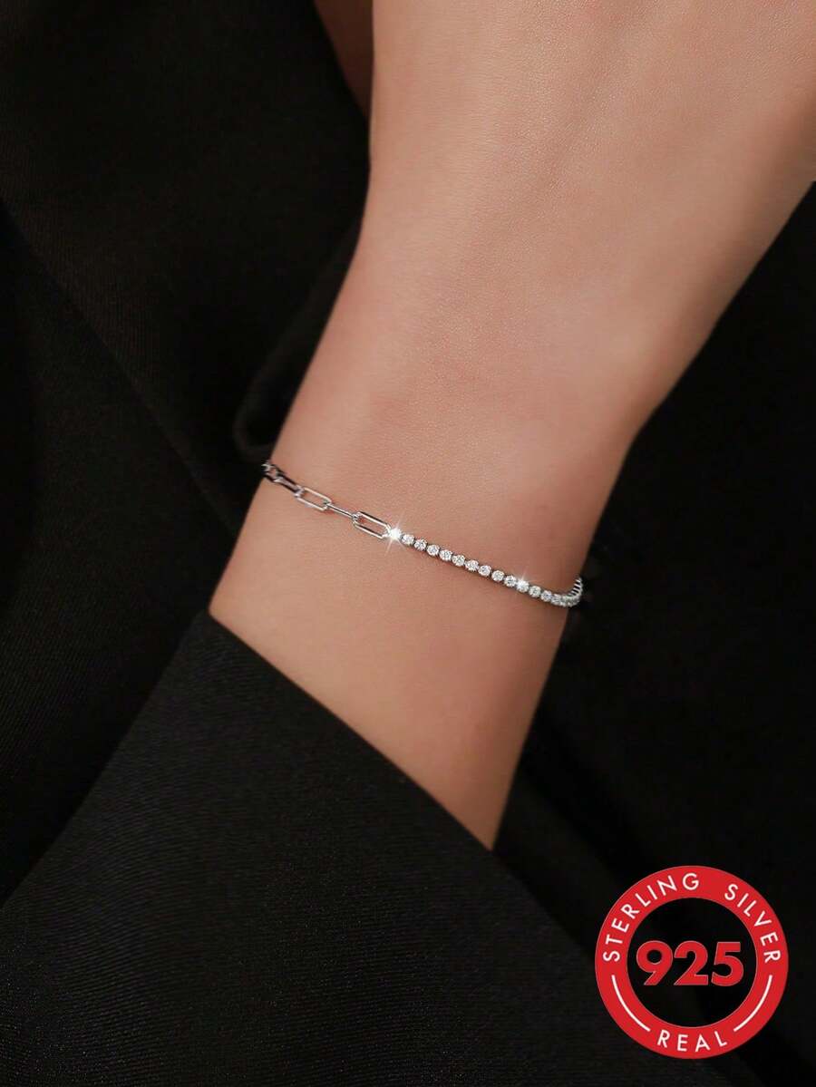 ELSEDES 1 件 S925 纯银手工几何镶嵌宝石手链,展现璀璨魅力,优质珠宝,适合女性日常、派对和周年纪念装扮 - 白金 - 查看 1
