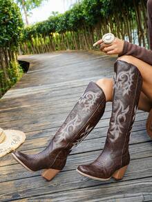 2026 New Vintage Western Cowboy Boots For Women, Brown Color, Square Toe, Embroidered, Chunky High Heel, Pull-On, Slip-Resistant & Durable Sole, Suitable For Daily, Festival, Ranch, Rodeo, Party, Street Fashion - Coffee Brown - View 3