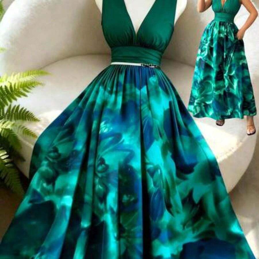 guang zhou mi qian shang mao Nuevo vestido sin mangas de tejido con estampado y diseño de cordón en la cintura, elegante y versátil estilo de vacaciones para mujeres - Multicolor - Ver 1