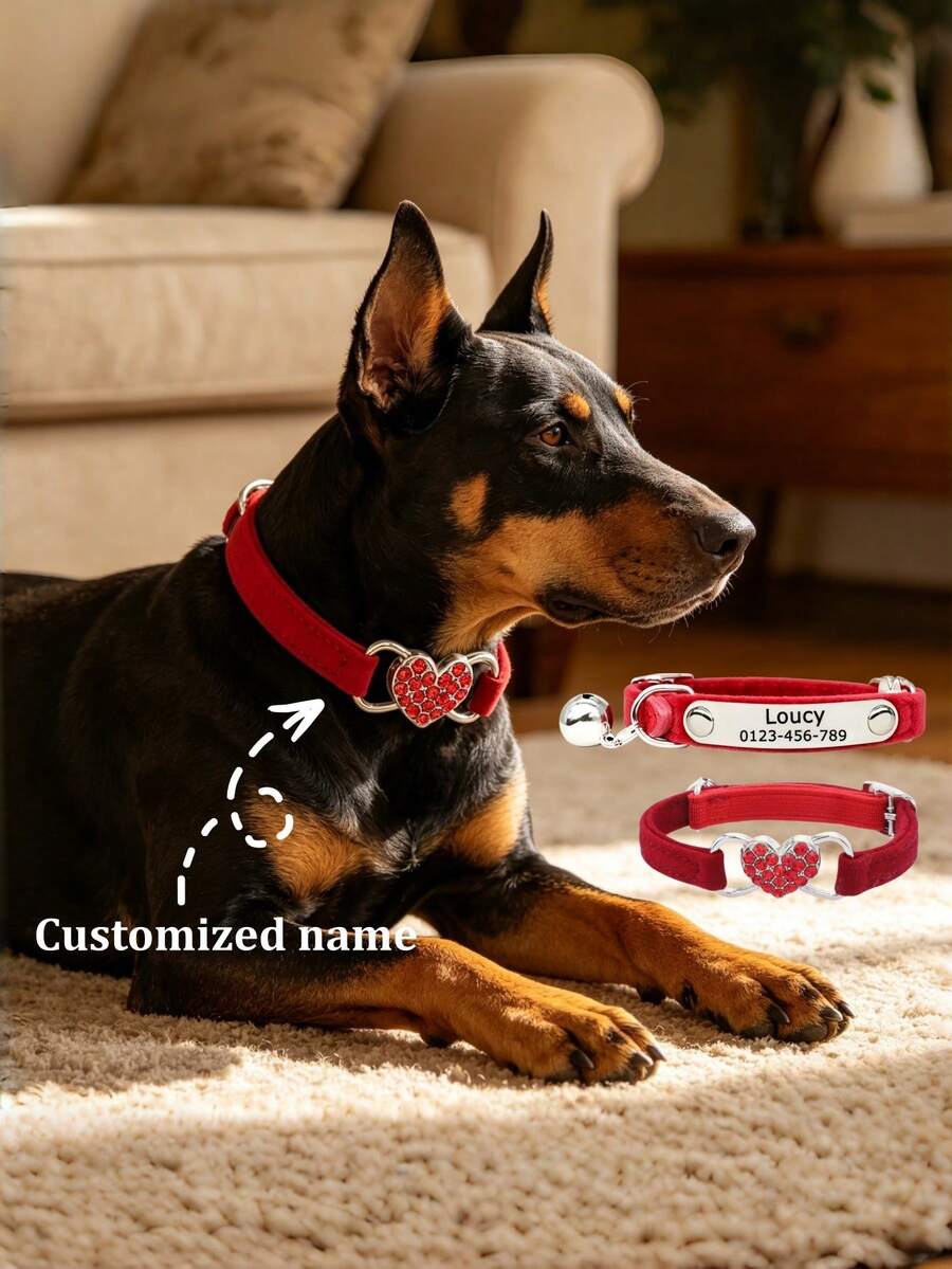 [Custom] Adjustable Elastic Diamond Heart Pattern Pet Collar - Suitable For Small Cats And Puppies - Customized With Name, Phone, Address - The Perfect Gift For Your Pet! - Multicolor - View 1