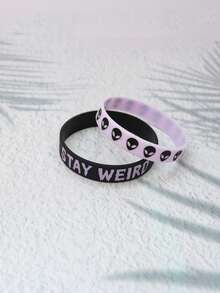 2pcs/Set New Alien Drip Oil Silicone Bracelet, Unique Design, Couples Style, Dark Streetwear, Party Accessory, Great Gift - Black Lavender Purple - View 4