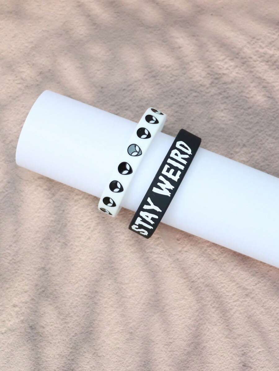 2pcs/Set Gelang Silikon Alien Drip Oil Baru, Desain Unik, Gaya Pasangan, Streetwear Gelap, Aksesori Pesta, Hadiah yang Bagus - Hitam dan putih - View 1