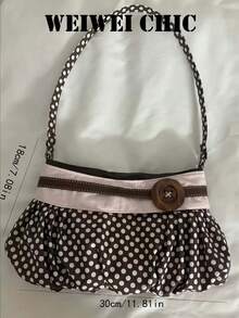 Polka Dot Fabric Shoulder Bag Style Pleated Tote With Contrast Trim And Large Wooden Button, Soft And Lightweight Material, Suitable For Weekend Trips, Errands And Casual Dates, Great For Working Women And Students, Playful And Vintage-Inspired Daily Use Bag - Brown - View 4
